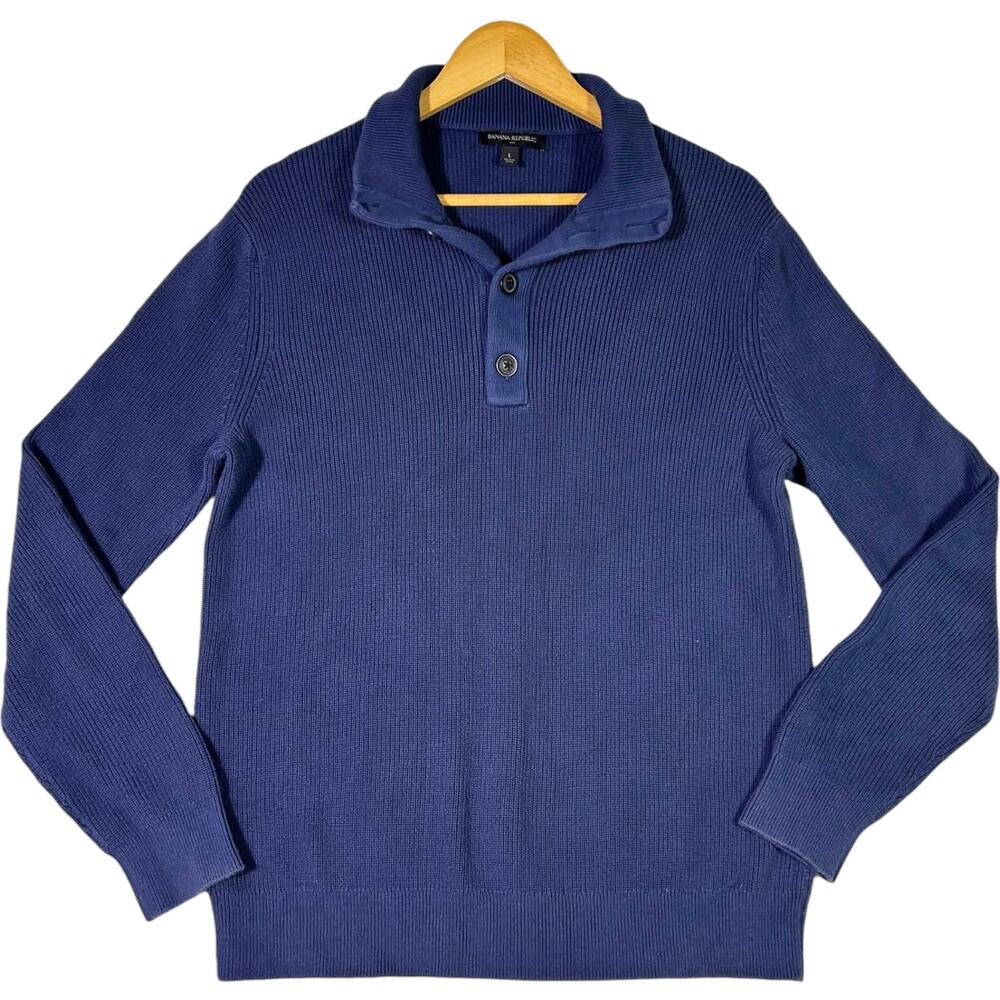 Banana Republic Blue Placket Ribbed Knit Pullover Sweater Men's L Smart Casual
